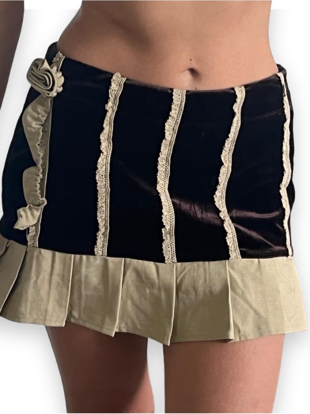 REVOLVE Brown Velvet Mini Skirt with Tan Pleated Hem